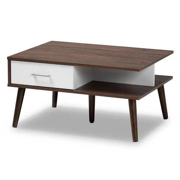 Merlin Walnut and White Finished 2-Drawer Wood Coffee Table, Baxton Studio, Mfr#: 163-10453